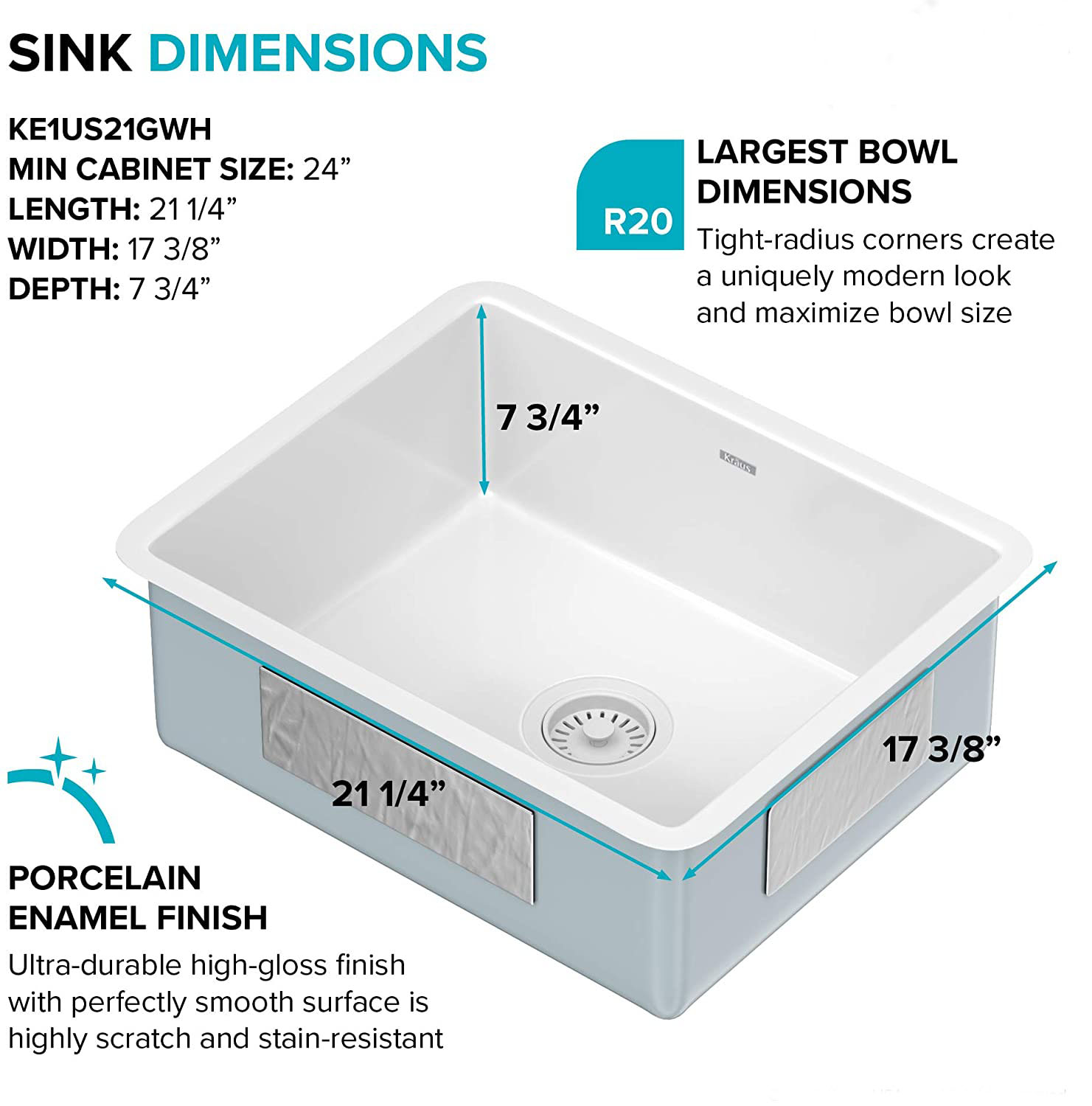 KE1US21GWH Pintura 21-inch Undermount Porcelain Enameled Steel Single Bowl Kitchen Sink, White Square